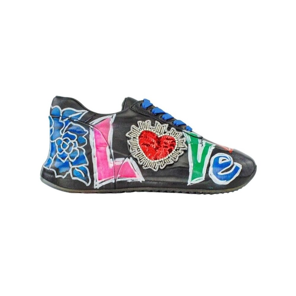 Camuzares Love Sneakers Womens 10 Black Multi Good Painted Sequin Heart 1730-BLK